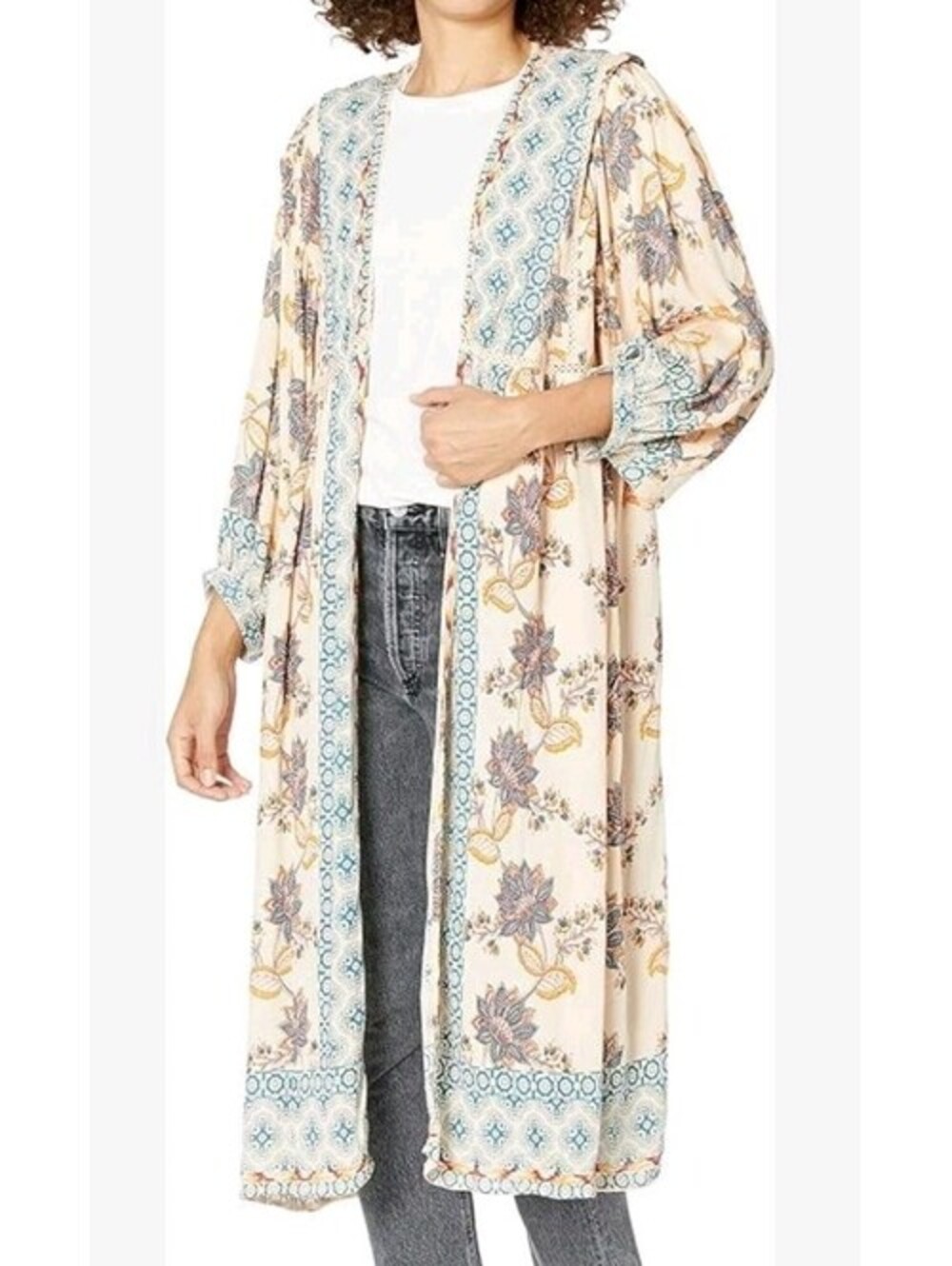 Angie Kimono Cardigan Floral Mixed Print Balloon Sleeve Boho Gypsy Festival S